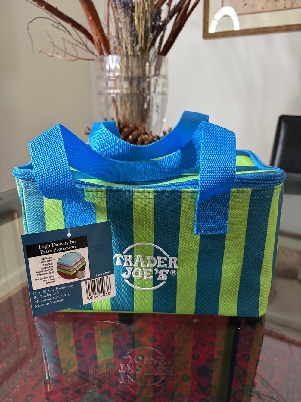 Trader Joe's Green Blue stripes Insulated Lunch Tote with Zip NWT